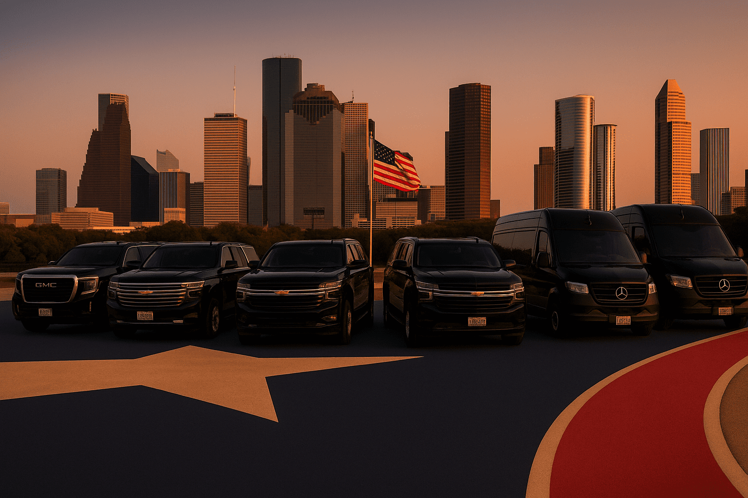 Houston luxury transportation by TopLine Limousine with luxury vehicles and Houston skyline