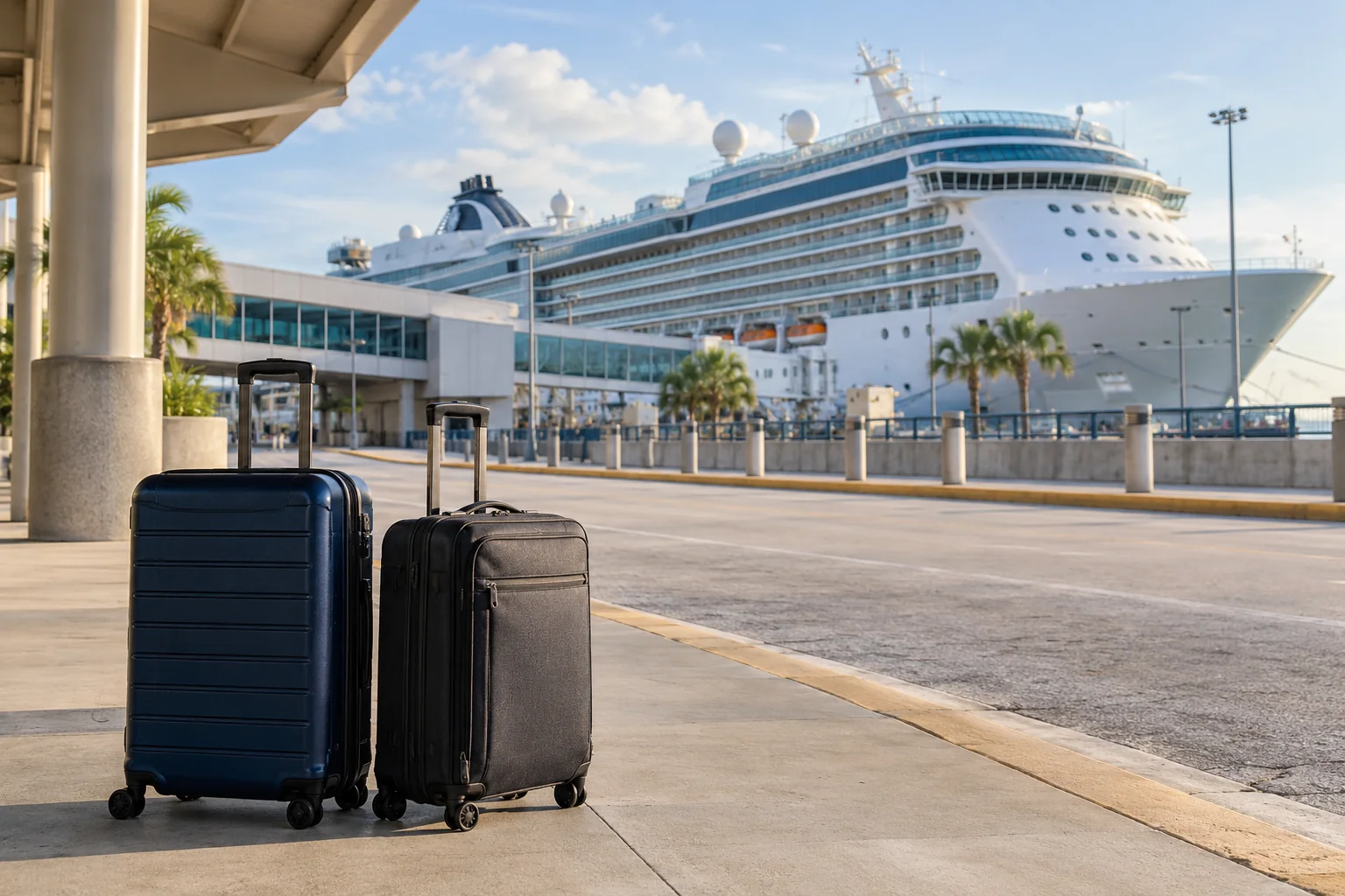 Suitcases beside a cruise terminal with a cruise ship in the background