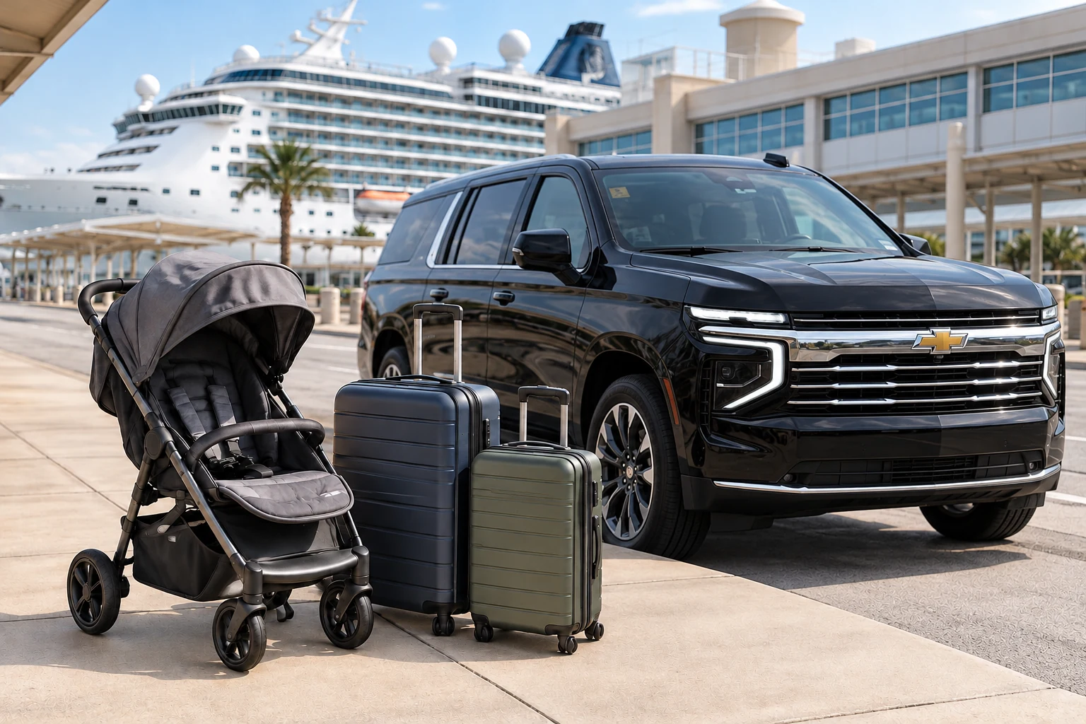 Stroller and two suitcases beside a black Chevrolet Suburban for a Galveston cruise with kids