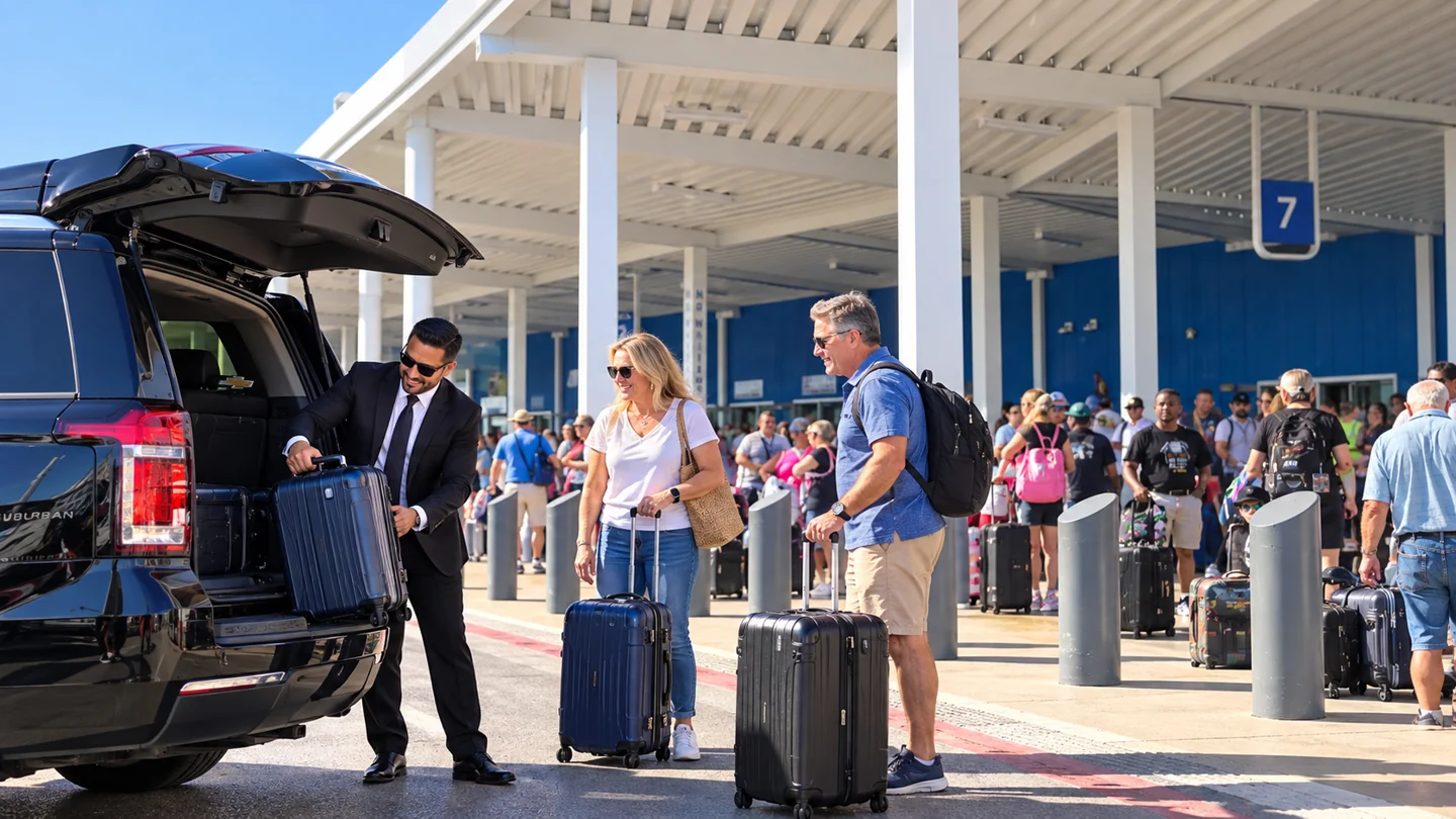 Professional chauffeur unloading luggage at a Galveston cruise terminal after a hotel stay