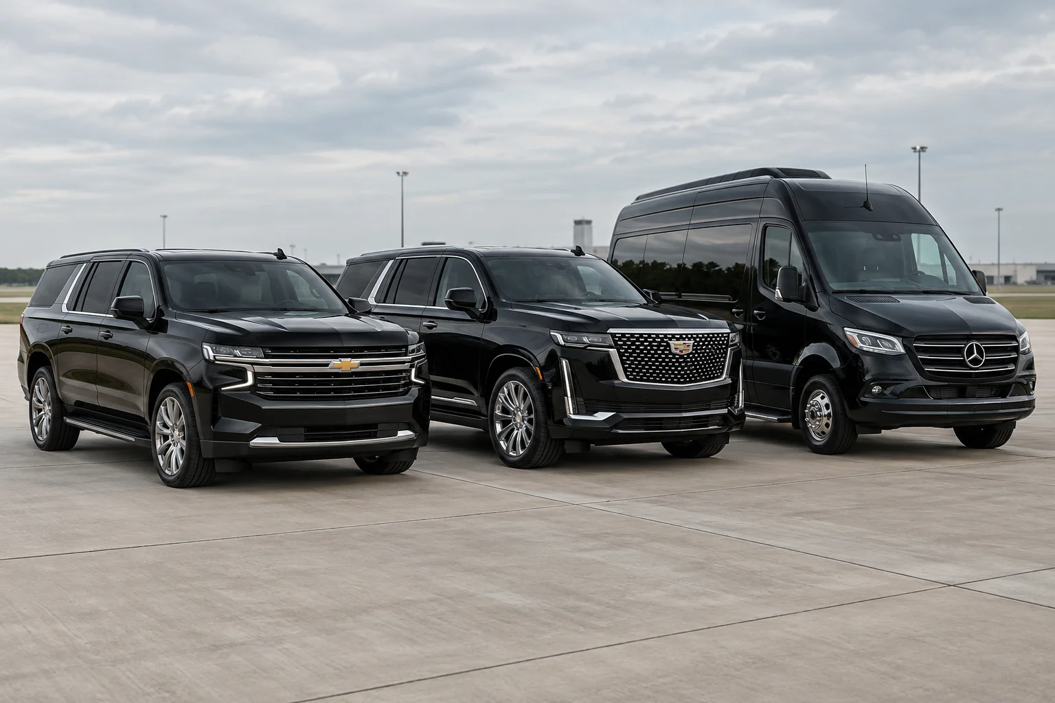SUVs and Mercedes Sprinter illustrating reliable Houston airport shuttle vehicle options