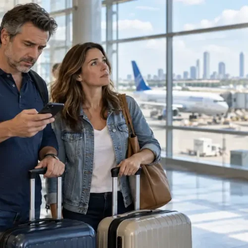 Travelers checking a delayed flight display at an airport before a Galveston cruise