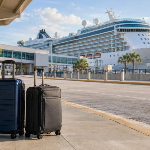 Suitcases beside a cruise terminal with a cruise ship in the background