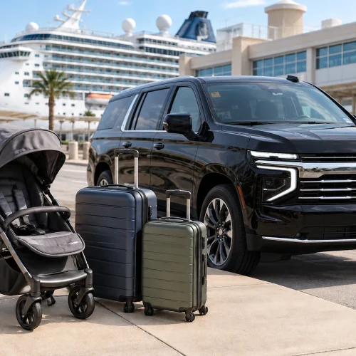 Stroller and two suitcases beside a black Chevrolet Suburban for a Galveston cruise with kids