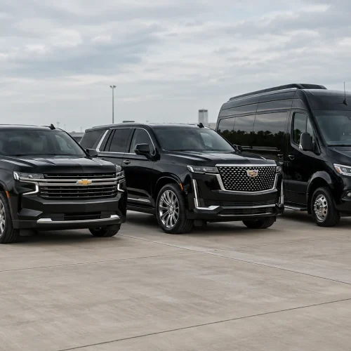 SUVs and Mercedes Sprinter illustrating reliable Houston airport shuttle vehicle options